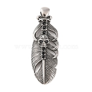 316 Surgical Stainless Steel Big Pendants, with Rhinestone, Feather with Skull Charm, Antique Silver, 59.5x20x7.5mm, Hole: 5.5x9.5mm(STAS-Z073-34AS)