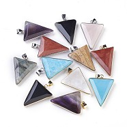Natural Mixed Stone Pendants, with Brass Findings, Faceted, Triangle, Platinum & Golden, 33~35x24~26x6~7mm, Hole: 4x6mm(G-F639-01)