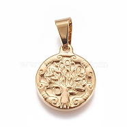 304 Stainless Steel Pendants, Flat Round with Tree of Life, Golden, 21x18x2.6mm, Hole: 7x4.7mm(STAS-L222-05G)