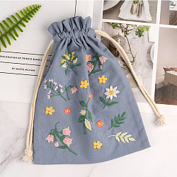 Flower Pattern DIY Drawstring Bag Embroidery Kit, including Embroidery Needles & Thread, Cotton Fabric, Light Steel Blue, 600x225mm(PW23031554254)