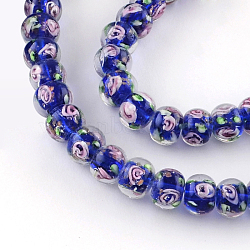 Handmade Rondelle Gold Sand Inner Flower Lampwork Beads, Blue, 10~11x8mm, Hole: 1.5~2mm(LAMP-R123-04)