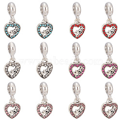 Elite 12Pcs 6 Colors Mother's Day Alloy Rhinestone European Dangle Charms, Large Hole Pendants, Antique Silver, Heart with Word Mom, Mixed Color, 23mm, Heart: 13x11.5x3mm, Hole: 4.5mm, 2pcs/color(FIND-PH0010-89)