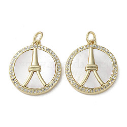 Brass Micro Pave Cubic Zirconia Pendants, with Shell, Flat Round with Tower Pattern, Real 18K Gold Plated, 21.5x19.5x3mm, Hole: 3mm(KK-G485-01G)