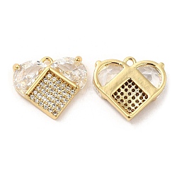 Brass and Clear Cubic Zirconia Pendants, Heart, Real 18K Gold Plated, 13x14.5x3.5mm, Hole: 1.2mm(ZIRC-Q202-04G)