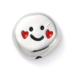 Alloy Enamel Beads, Flat Round with Smiling Face Pattern Beads, Platinum, Red, 12x12x4mm, Hole: 1.5mm(FIND-G072-02P-01)