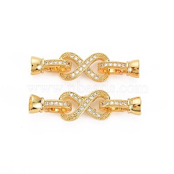 Brass Micro Pave Clear Cubic Zirconia Peg Bails Fold Over Clasps, Nickel Free, Infinity, Real 18K Gold Plated, 41x11mm, Infinity: 19x11x4mm, Clasp about: 15x8x7mm, Inner Diameter: 5mm(KK-S360-180)