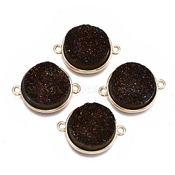 Natural Druzy Agate Links Connectors, with Light Gold Brass Findings, AB Color Plated, Dyed, Flat Round, Coconut Brown, 24x18x6.5~7.5mm, Hole: 1.8mm(G-T131-86D)