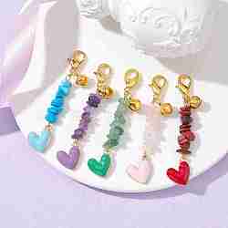 Natural & Synthetic Gemstone Chip & Alloy Enamel Heart Pendant Decorations, with Alloy Lobster Claw Clasps, 66mm, 5pcs/set(HJEW-JM01590-S)