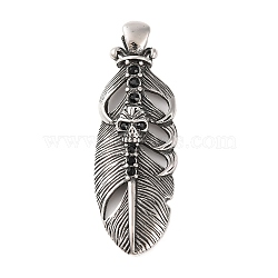 316 Surgical Stainless Steel Big Pendants, with Rhinestone, Feather with Skull Charm, Antique Silver, 59.5x20x7.5mm, Hole: 5.5x9.5mm(STAS-Z073-34AS)