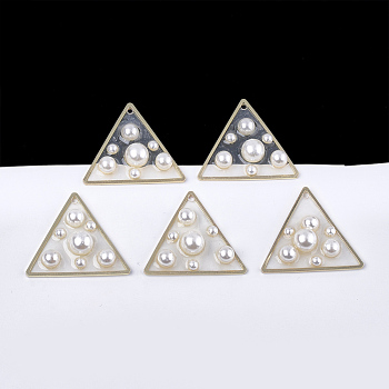 Epoxy Resin Pendants, with ABS Plastic Imitation Pearl and Brass Findings, Triangle, Light Gold, 30x34x8mm, Hole: 1.8mm
