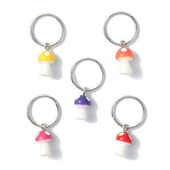 Opaque Resin Pendants, with Platinum Tone Iron Jump Rings, Mushroom Charms, Mixed Color, 30mm, Mushroom: 16x8mm, Hole: 13.5mm