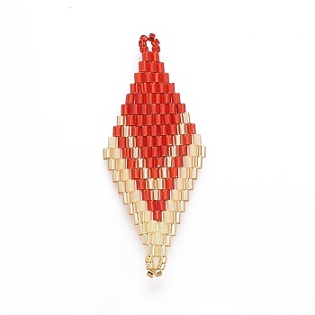 MIYUKI & TOHO Handmade Japanese Seed Beads Links, Loom Pattern, Rhombus, Red, 44.6~45.2x17.8~18.6x1.6~1.7mm, Hole: 1.4~1.6mm