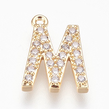 Brass Letter Pendants, with Cubic Zirconia, Lead Free & Cadmium Free & Nickel Free, Long-Lasting Plated, Golden, Letter.M, 15x11x2mm, Hole: 1.2mm