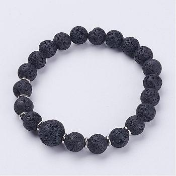 Natural Lava Rock Beads Stretch Bracelets, with 304 Stainless Steel Bead Spacers, 2-1/2 inch(63mm)