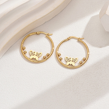 Stainless Steel Geometric Retro Casual Hoop Earrings for Women, Fashionable and Simple, Real 18K Gold Plated, Butterfly, 34mm