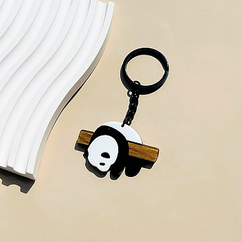 Cute Bamboo Panda Acrylic Pendant Keychain, with Iron Findings, for Woman Man Car Key Bag Decoration, Black, 8.5cm