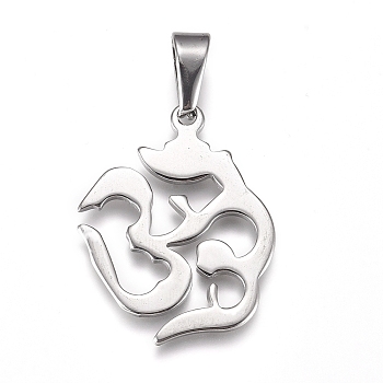 Yoga 304 Stainless Steel Pendants, Aum/Om Symbol, Stainless Steel Color, 32x24.5x1.5mm, Hole: 10x4.5mm