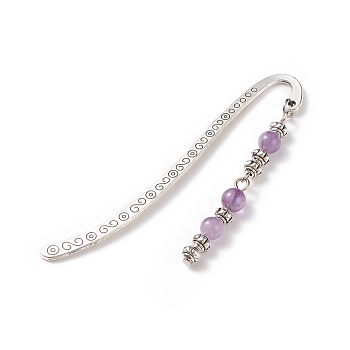 Tibetan Style Alloy Bookmarks/Hairpins, Pendant Book Markers, with Natural Amethyst Round Beads, 83x14x1.5mm