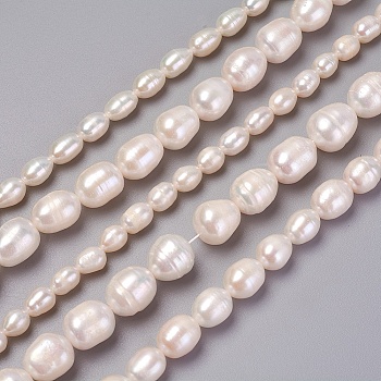 Natural Cultured Freshwater Pearl Beads Strands, Rice, White, 5~11x5~11mm, Hole: 0.5~1mm, about 28~56pcs/strand, 13.39 inch~14.17 inch(34~36cm)