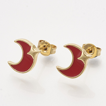 (Jewelry Parties Factory Sale)Brass Stud Earrings, with Enamel and Ear Nuts, Moon with Star, Golden, Red, 10x9mm, Pin: 0.7mm