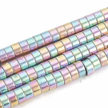 Electroplate Non-magnetic Synthetic Hematite Beads Strands, Heishi Beads, Flat Round/Disc, Rainbow Plated, 4x2mm, Hole: 1mm, about 190pcs/strand, 16.1 inch