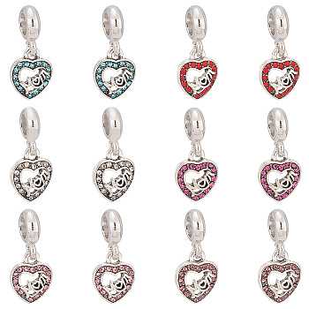 Elite 12Pcs 6 Colors Mother's Day Alloy Rhinestone European Dangle Charms, Large Hole Pendants, Antique Silver, Heart with Word Mom, Mixed Color, 23mm, Heart: 13x11.5x3mm, Hole: 4.5mm, 2pcs/color