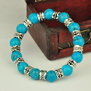 Fashion Tibetan Style Bracelets, Stretch Bracelets, with Gemstone Beads, Synthetic Turquoise, 53mm