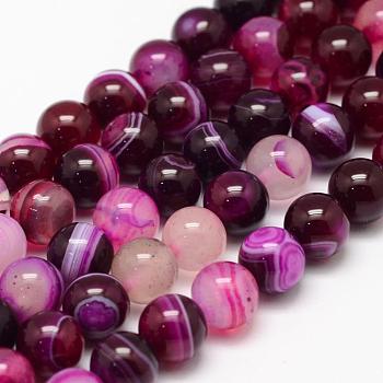 Natural Striped Agate/Banded Agate Bead Strands, Round, Dyed & Heated, Deep Pink, 8mm, Hole: 1mm, about 47~48pcs/strand, 14.5 inch