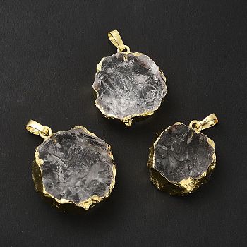 Natural Quartz Crystal Pendants, Rock Crystal Pendants, Flower Charms, with Rack Plating Brass Findings, Golden, 24.5~30x20.5~26.5x8.5~11mm, Hole: 7x4.5mm