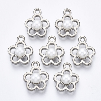 ABS Plastic Imitation Pearl Pendants, with UV Plating Acrylic Findings, Flower, Platinum, 17.5x14.5x8mm, Hole: 1.8mm