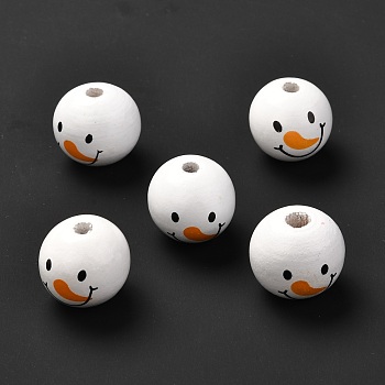 Printed Wood European Beads, Large Hole Beads, Christmas Theme, Round with Snowman Head Pattern, White, 19.5x18mm, Hole: 4mm