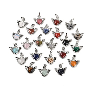 Natural & Synthetic Mixed Gemstone Pendants, with Rack Plating Brass Findings, Platinum, Cadmium Free & Lead Free, Heart, Mixed Dyed and Undyed, 33x32.5x6.5mm, Hole: 5x8mm