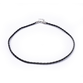 Imitation Leather Necklace Cord, Black, Platinum Color, 3mm in diameter, 17 inch