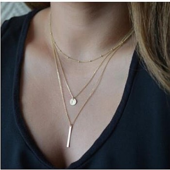 Alloy Pendant Layered Chain Necklaces for Women, Golden, Flat Round, 17.72 inch(45cm)