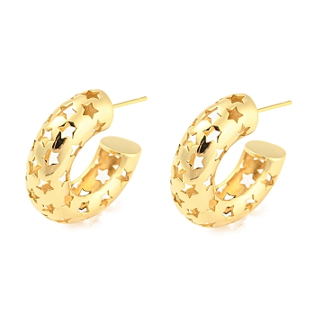 Rack Plating Brass Hollow Star Stud Earrings, Half Hoop Earrings, Lead Free & Cadmium Free, Real 18K Gold Plated, 25x8mm