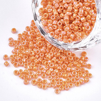 Opaque Glass Seed Beads, Rainbow Plated, Round, Coral, 4mm, Hole: 1.5mm, about 4500pcs/bag