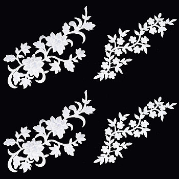 4Pcs 2 Style Computerized Embroidery Cloth Iron On Patches, Stick On Patch, Appliques, for Support Pillow, Curtain, Costume Accessories, Flower, White, 242~323x110~122x1mm, 2pcs/style