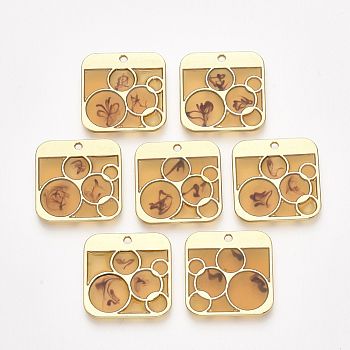 Epoxy Resin Pendants, with Alloy Findings, Square, Golden, Goldenrod, 24x24x2mm, Hole: 1.6mm