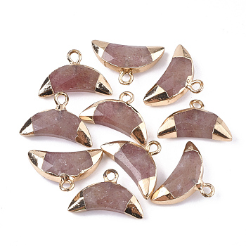 Electroplate Natural Strawberry Quartz Charms, with Iron Findings, Faceted, Moon, Golden, 12~13x18~19x5mm, Hole: 1.8mm