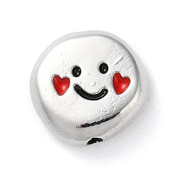 Alloy Enamel Beads, Flat Round with Smiling Face Pattern Beads, Platinum, Red, 12x12x4mm, Hole: 1.5mm