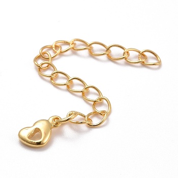 Brass Chains Extender Chains, with Heart Charms, Golden, 55x3mm