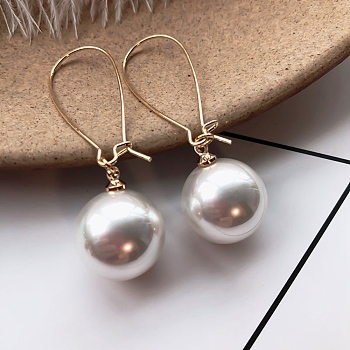 Alloy Hoop Earrings, Ear Wire Mounting, with Plastic Imitation Pearl Beads, Round, Golden, White, 60mm, Pin: 0.6mm