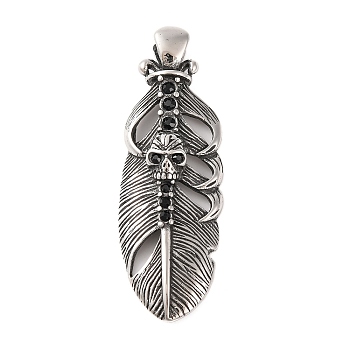 316 Surgical Stainless Steel Big Pendants, with Rhinestone, Feather with Skull Charm, Antique Silver, 59.5x20x7.5mm, Hole: 5.5x9.5mm