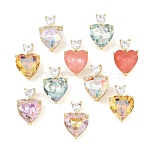 Brass Glass Pendants, Heart Charms, Faceted, Mixed Color, 16x10x8mm, Hole: 4.3x2.3mm(GL-CBABDD8-11G)