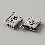 Tibetan Style Alloy Pendants, Book with Clover & Word Luck Charm, Antique Silver, 16.5x13.5x6mm, Hole: 1.8mm(TIBEP-WH0004-13)