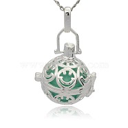 Silver Color Plated Brass Hollow Round Cage Pendants, with No Hole Spray Painted Brass Round Ball Beads, Medium Turquoise, 35x25x21mm, Hole: 3x8mm(KK-J216-16S)