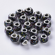 Handmade Lampwork European Beads, Large Hole Beads, with Platinum Color Brass Double Cores, Inner Flower Lampwork, Rondelle, Black, 14x11mm, Hole: 5mm(X-LAMP-S193-009L)