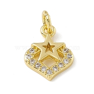 Brass Micro Pave Clear Cubic Zirconia Charms, with Open Jump Rings, Heart Charms with Star, Real 18K Gold Plated, 12x9.5x2mm, Hole: 3mm (ZIRC-F132-70G)