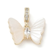 Brass Pave White Shell Butterfly European Dangle Charms, Large Hole Pendants with Clear Cubic Zirconia, Real 18K Gold Plated, 16.5mm, Hole: 4mm(KK-M308-13G)