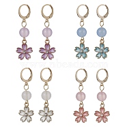 Alloy Enamel Flower Dangle Leverback Earrings, Natural Malaysia Jade Beaded Drop Earrings, Mixed Color, 44x14mm(EJEW-JE05593)